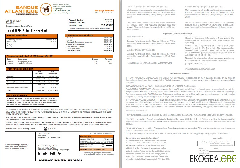 Relevé hypothécaire bancaire Burkina Faso Banque Atlantique, 2 pages, 1 , 2 scr